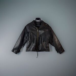 UNIK Women's Ultra Black Leather Fringe Biker Jacket L with Zip Out Liner 1980's
